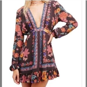 FREE PEOPLE VIOLET HILL FLORAL PRINTED TUNIC TOP  V NECK PINK PURPLE SZ 6